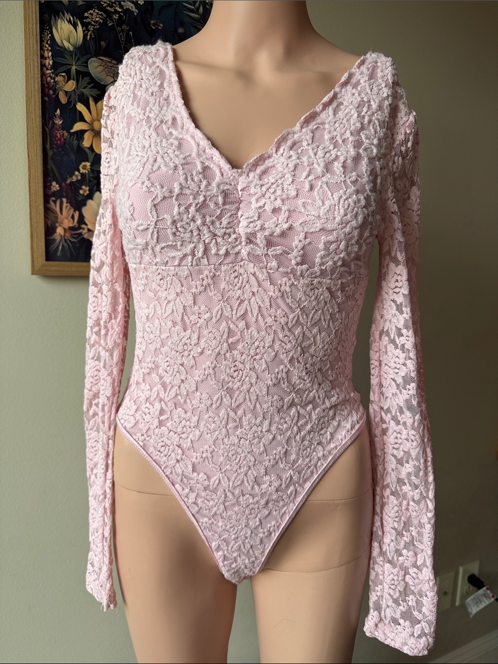 Lace Long-Sleeve V-Neck Bodysuit - Pink